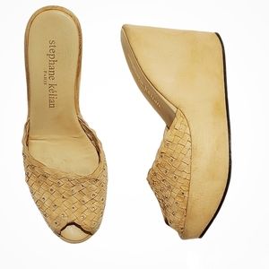 Stephanie Kelian Nude Leather Suede Rhinestone Peep toe Slip-on Wedge Sandals